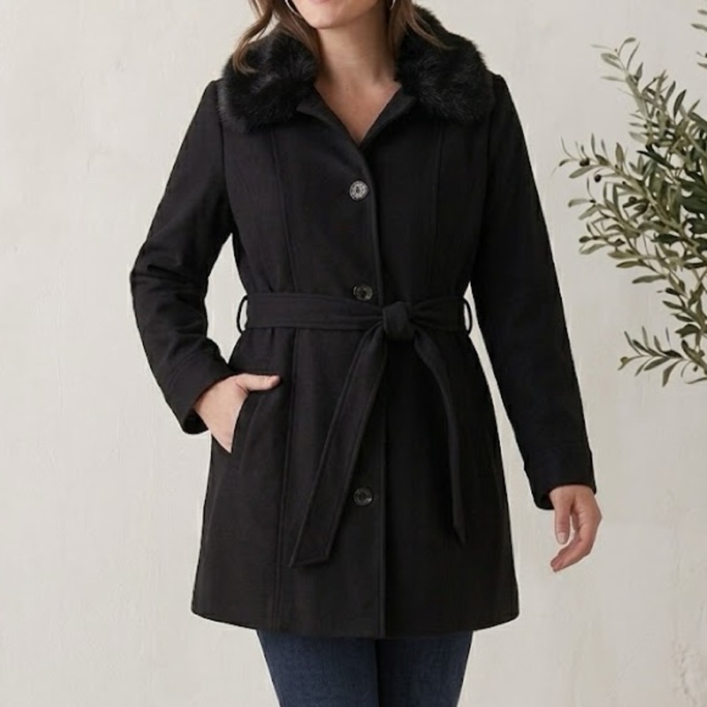 Laundry by Design Black Faux Fur Trim Wool Blend Peacoat Medium